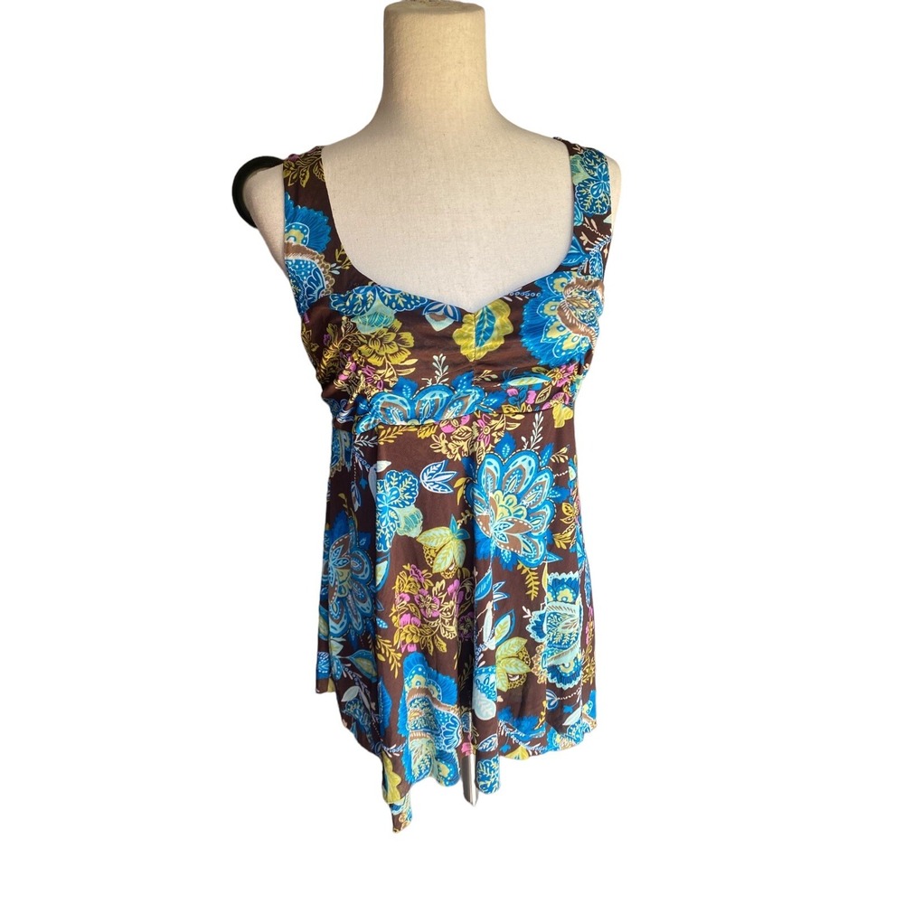 Babydoll Tank Top Mesh Beach Floral Stretch Y2k Blue Boho Asymmetrical Large